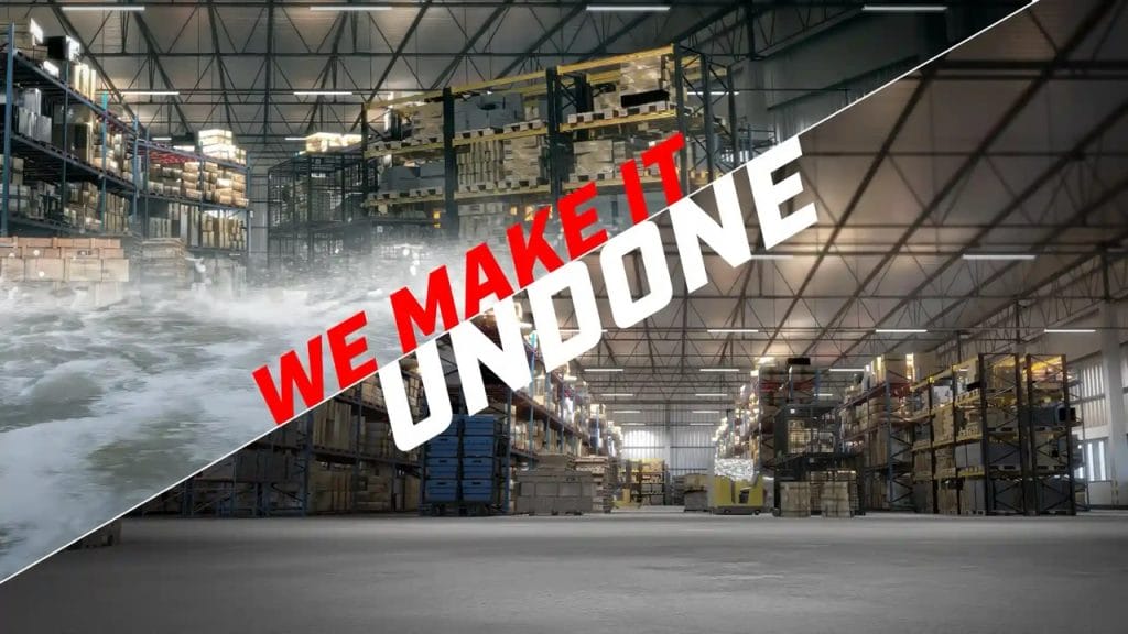 Before and after image of We Make It Undone showing a fixed warehouse