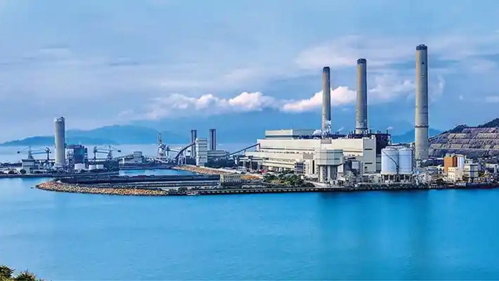 A power plant at a lake