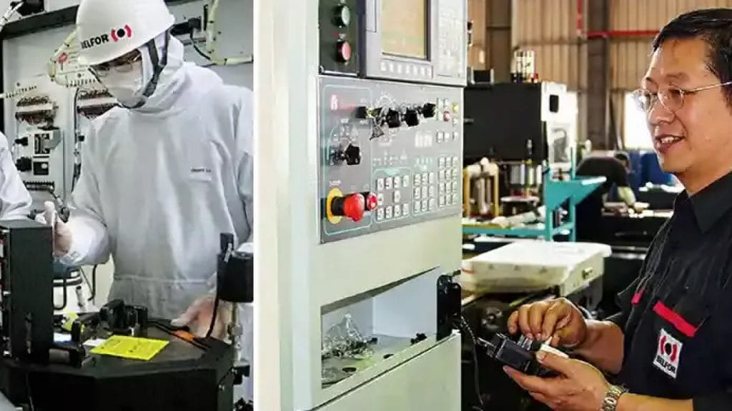 Technicians in protective gear working on industrial equipment on the left, and an engineer operating a control panel on the right