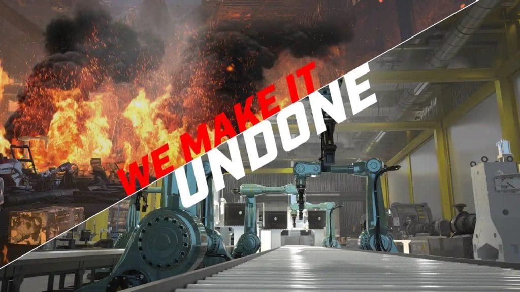 Before and after image of We Make It Undone showing the results of a warehouse that was on fire