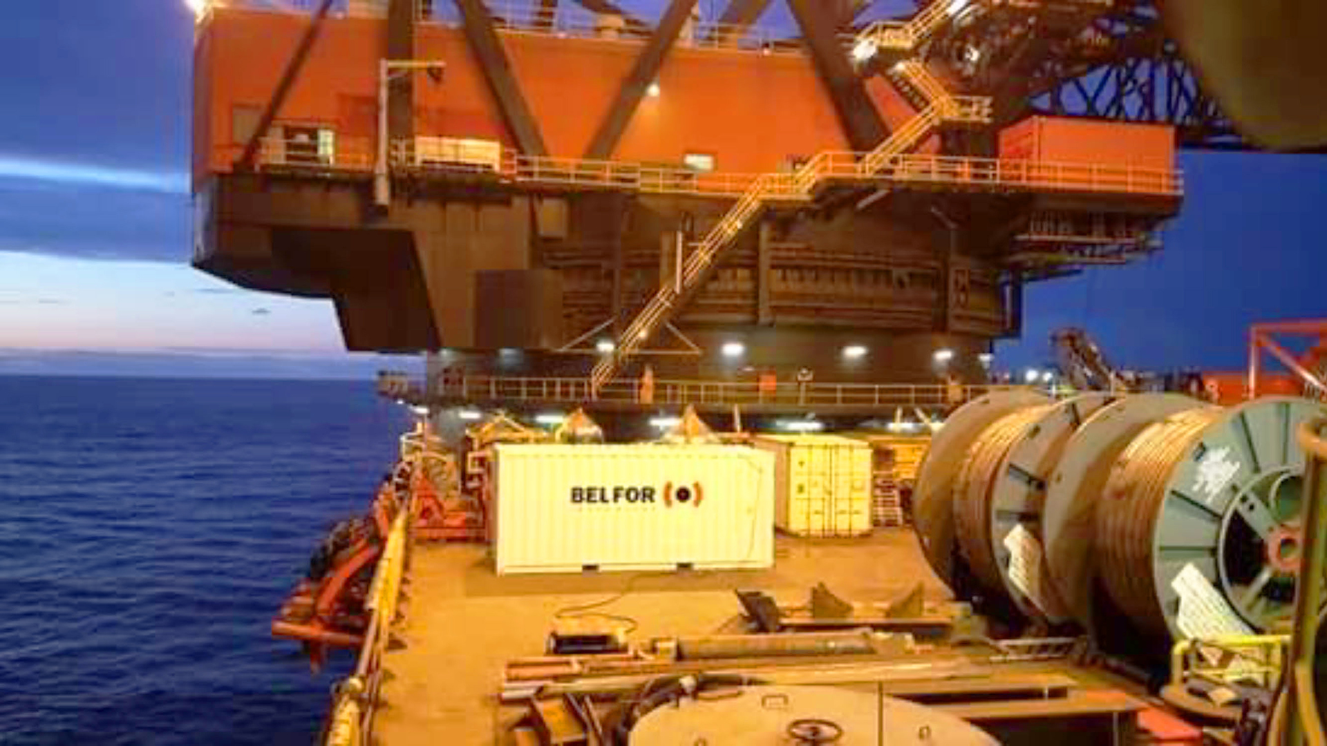 A BELFOR container on a ship