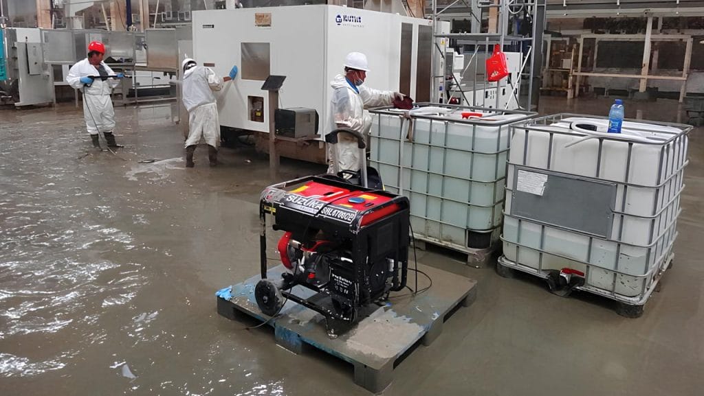 Workers PPE address water damage in an industrial facility with a generator and large water containers