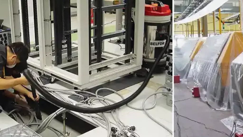 An employee using a vacuum to clean equipment cables on the left, and machinery covered in plastic sheets in an industrial setting on the right