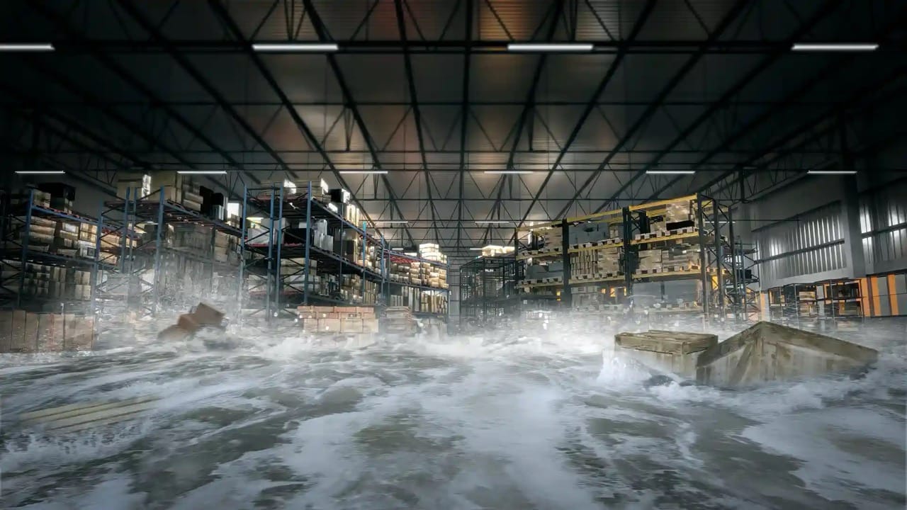 A flooded warehouse