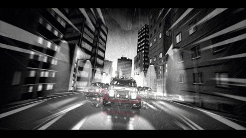 BELFOR Superheroes - Worker - Black and white vignette of a car driving through city streets