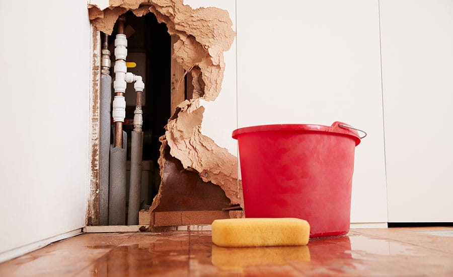 A bucket and a sponge next to a whole in the wall​